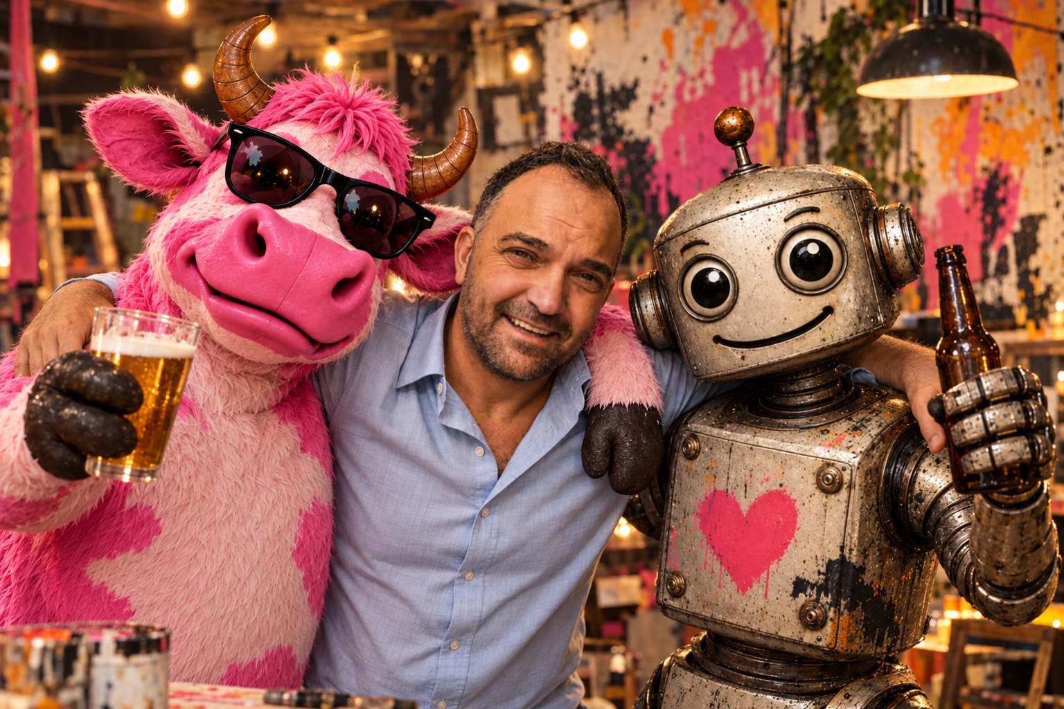 Marcus with the Pink Cow and a friendly vintage robot in The Ideas Shed