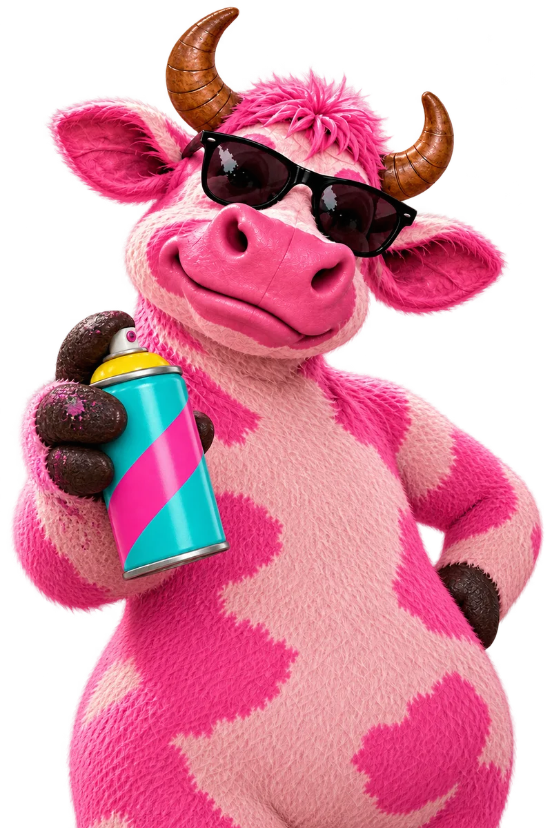 Our mischievous pink cow holding a colourful graffiti spray can