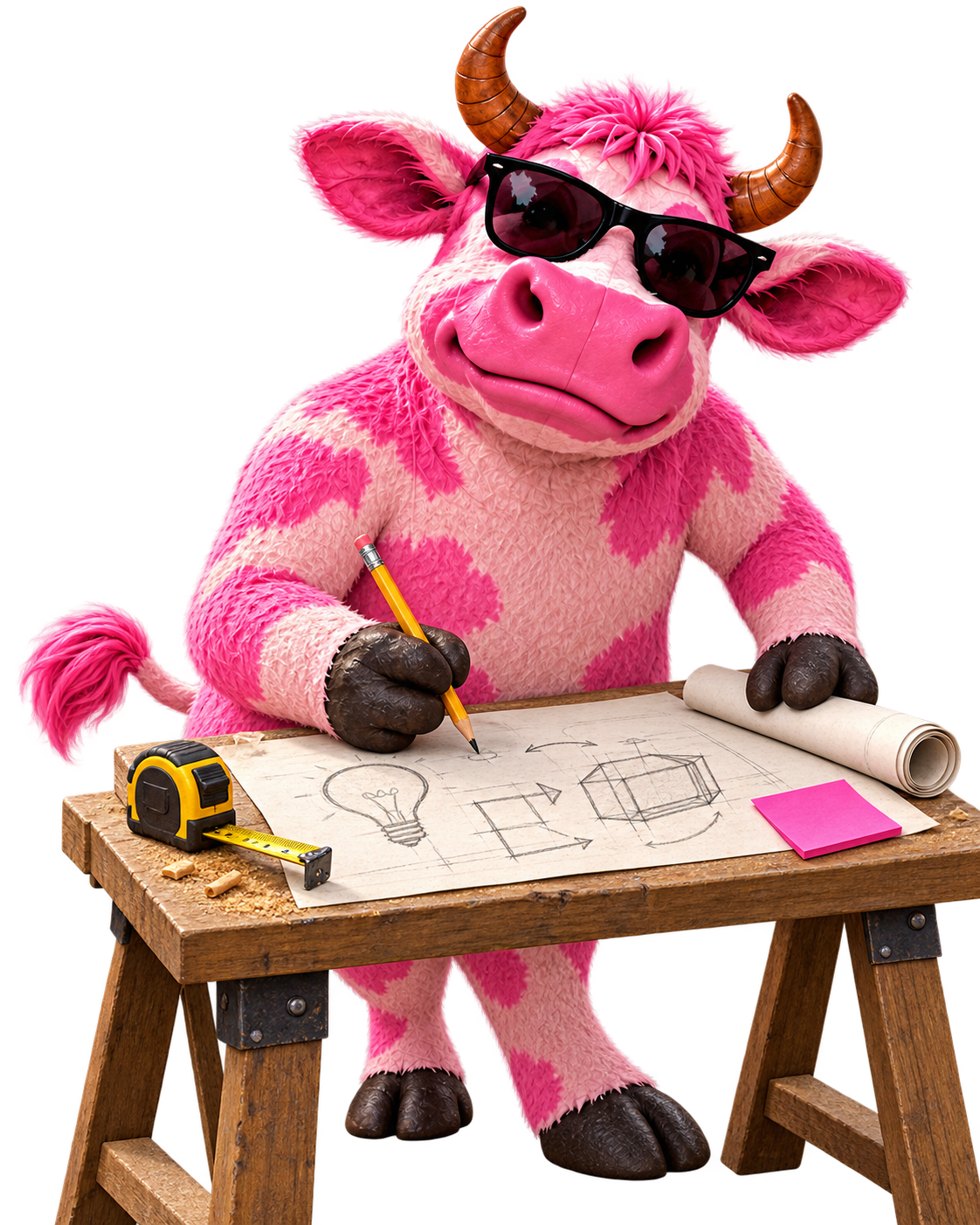 The Pink Cow sketching an idea at a workbench