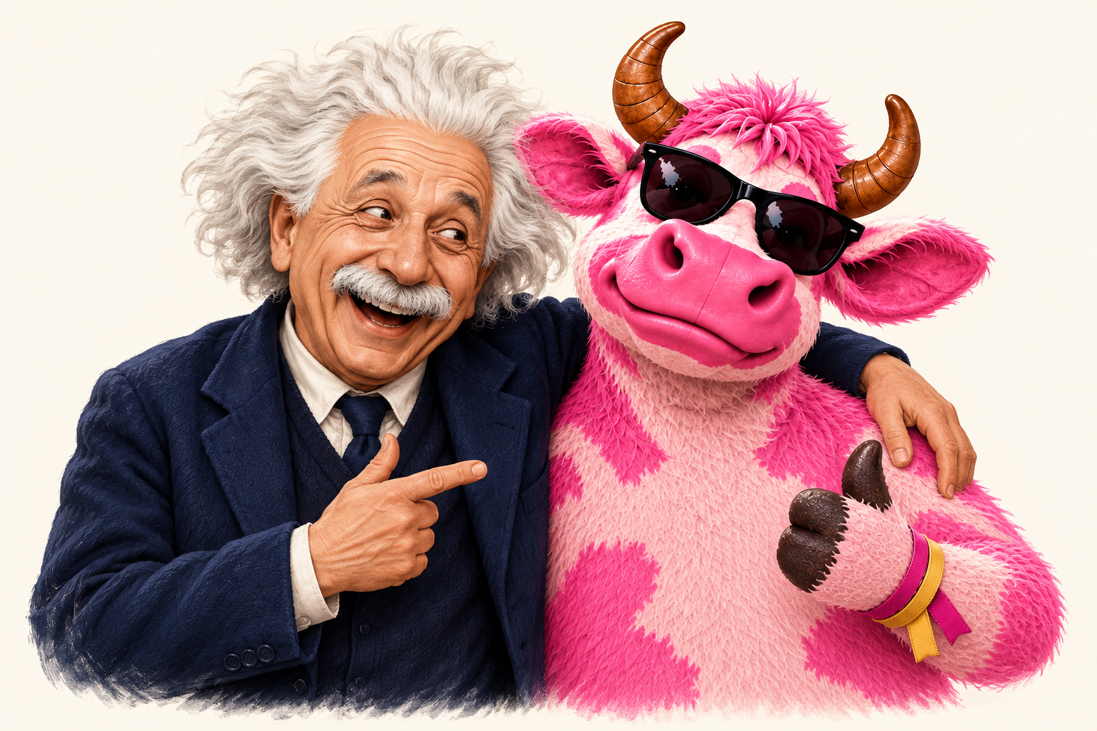 An imagined illustration of Albert Einstein smiling beside the Pink Cow.