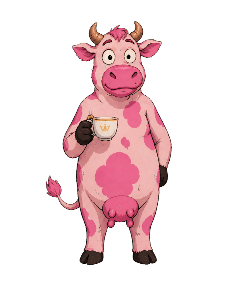 The surprised Pink Cow holding a cup of tea
